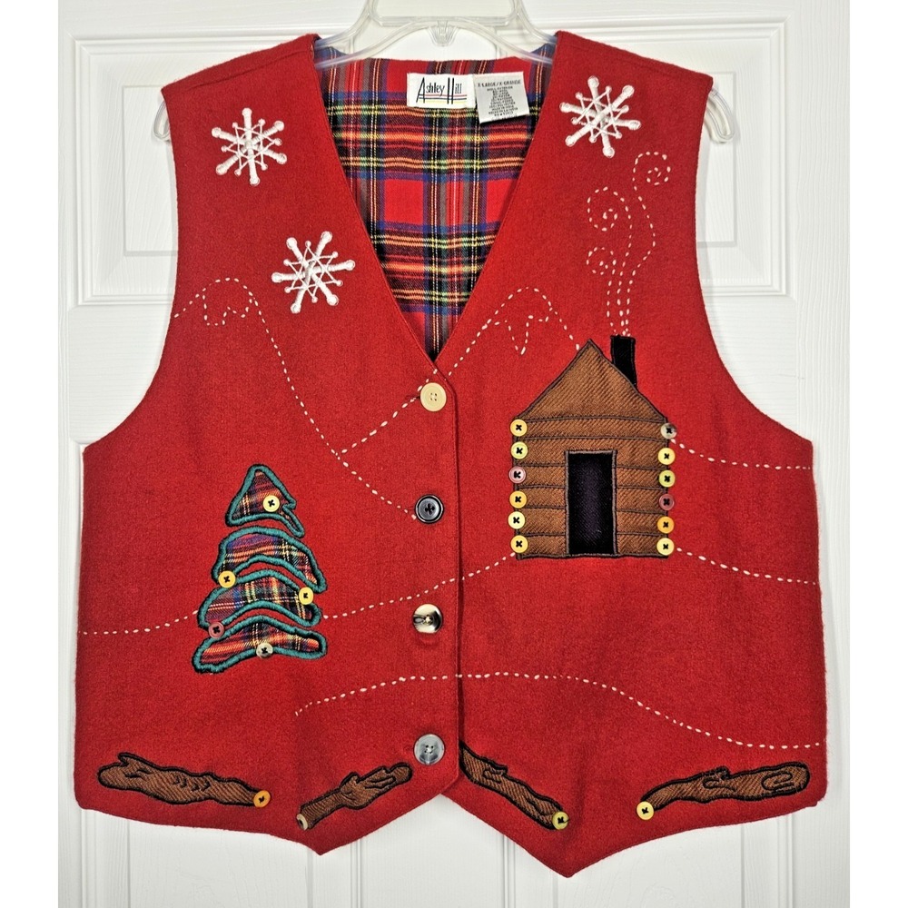 Vintage Ashley Hill Christmas/Holiday Embellished Vest Wool Blend Size‎ XL Red